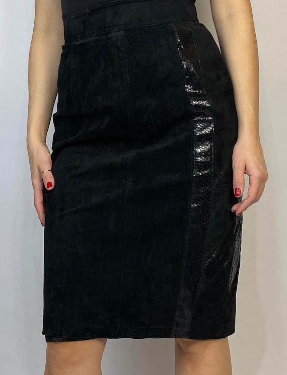 Vtg 80s SUEDE Pencil Skirt w SNAKESKIN Inserts! S… - image 4