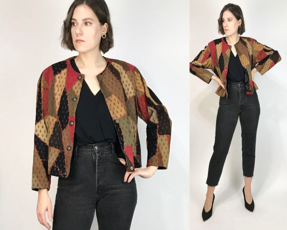 Vtg 90s PATCHWORK Leather CROPPED Jacket! Small