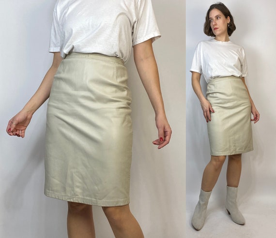 Vtg 80s Minimal BEIGE LEATHER Pencil Skirt! Small - image 1