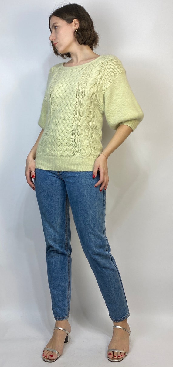 Vtg 80s ACID Green ANGORA PUFF Sleeve Sweater! Me… - image 3