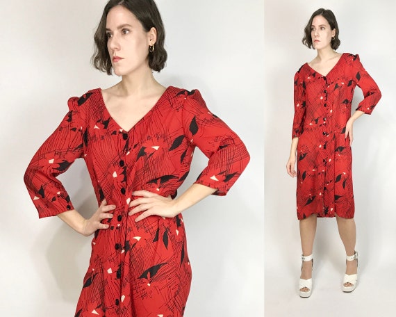 Vtg 80s GRAPHIC ABSTRACT Print Button Up Dress! La