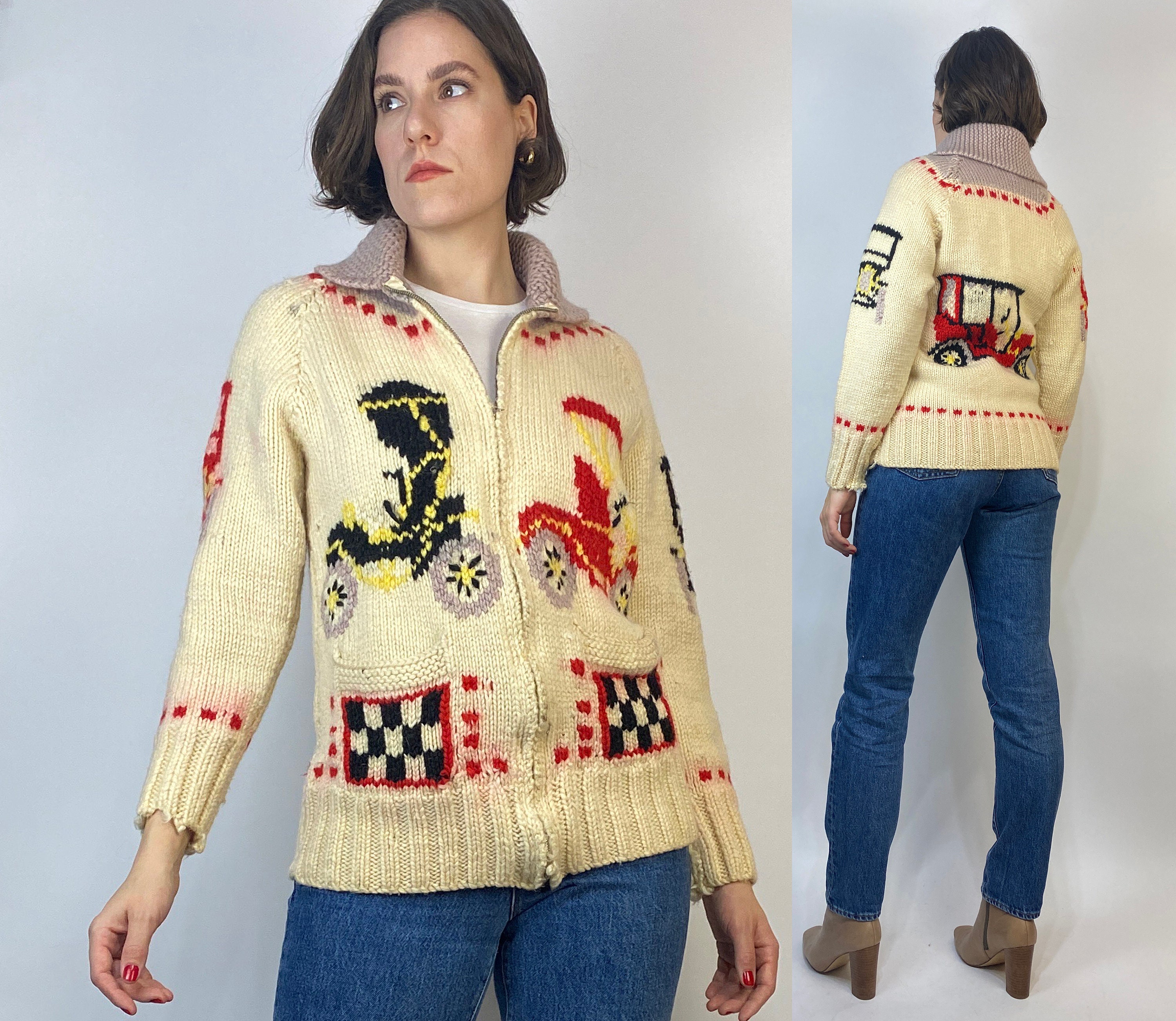50´s Car pattern cowichan sweater-