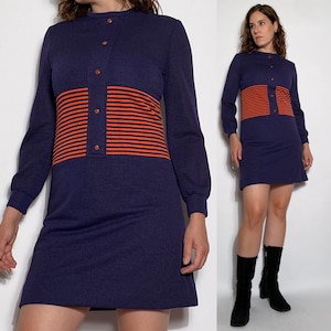 Vintage 1960s Navy & Red Striped Mini Dress! Medium to petite large