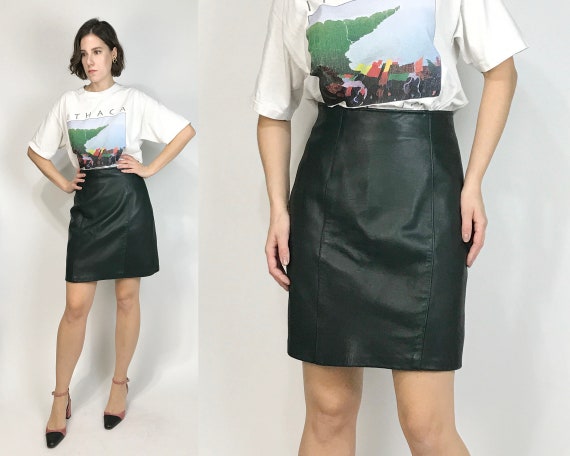 Vtg 80s FOREST Green LEATHER Skirt! Medium, 8