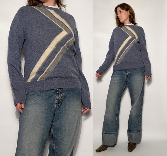 Vintage 1980s WOOL Sweater With NEW WAVE Geometric Intarsia Pattern! Medium to Large