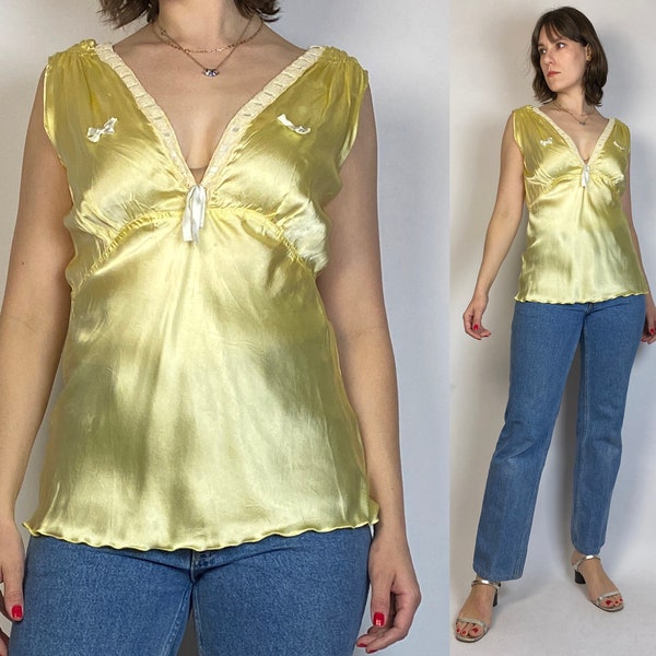 Vtg années 1940 Satin jaune citron & CAMISOLE en dentelle ! Moyen