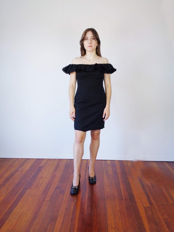 Vtg 80s OFF the SHOULDER RUFFLE Mini Dress! Small