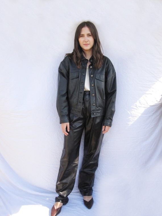 Vtg 90s Black LEATHER JACKET with Jean Jacket CUT!