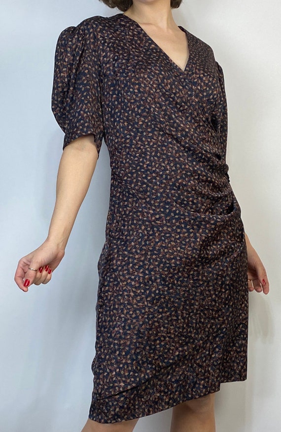 Vtg 80s ABSTRACT Puff Sleeve WRAP Dress! Large to… - image 5