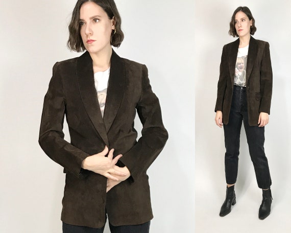 Vtg 90s CHOCOLATE Brown SUEDE Midi BLAZER! Small t