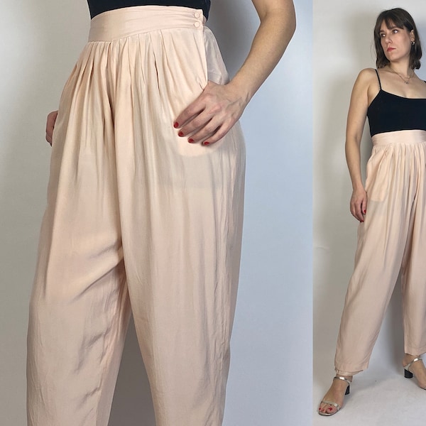 Pantalon taille haute en soie rose pastel des années 80 Vtg ! Petit à moyen, taille 28