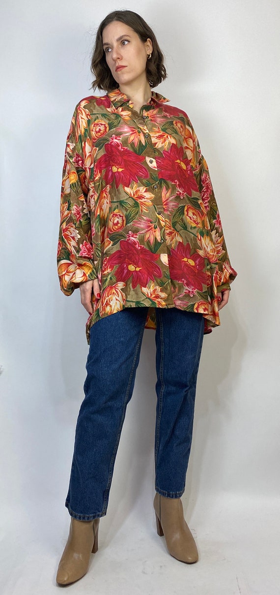 Vtg 80s SILK FLORAL Flowy Blouse! XL Plus - image 5