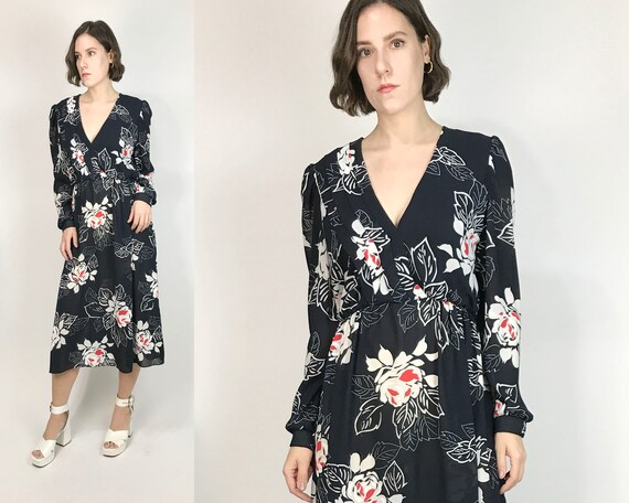 Vtg 80s GRAPHIC OVERSIZED FLORAL Print Faux Wrap D