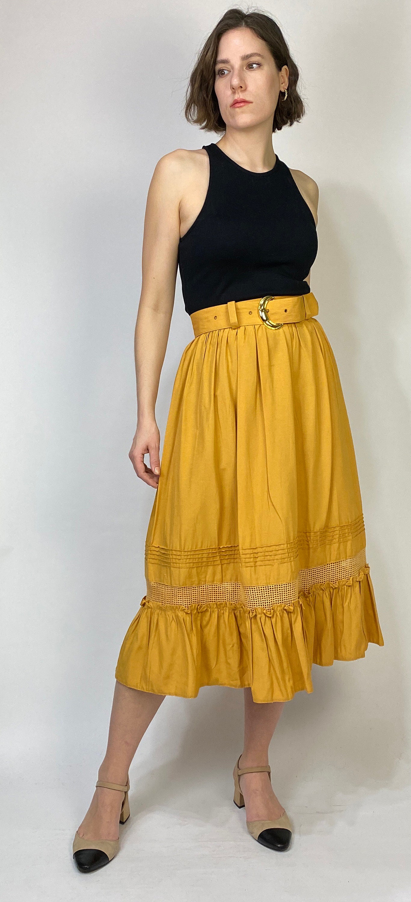 Vtg 90s MUSTARD Yellow FULL Skirt W BELT Small to Medium - Etsy
