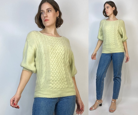 Vtg 80s ACID Green ANGORA PUFF Sleeve Sweater! Me… - image 1