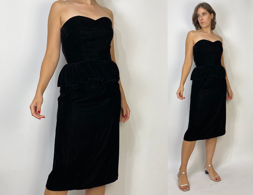 Robe De Soirée Vintage Années 80 - Noir Et Blanc, Sans Bretelles, Peplum - Taille 2-4 - Très Bon état