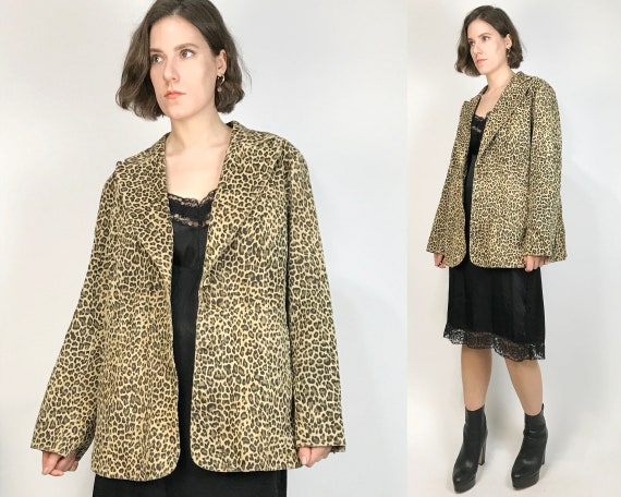 Vtg 90s MINIMAL SUEDE LEOPARD Print Jacket! Large