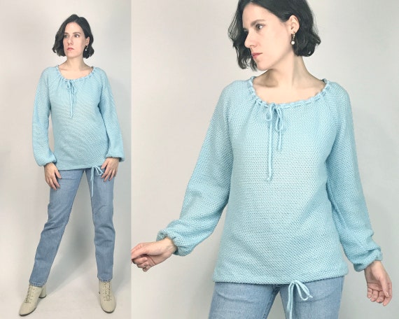 Vtg 70s BABY BLUE Crochet Sweater with POET Sleeve