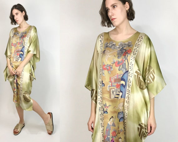 Vtg 90s Mulberry SILK KIMONO KAFTAN Dress! One Siz