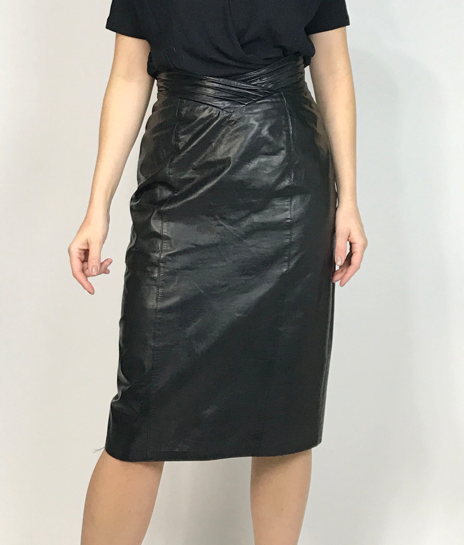 Vtg 80s LEATHER Pencil Skirt with V-PANEL Pleated High Waist | Etsy