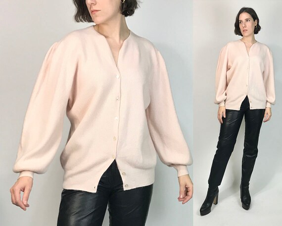 Vtg 80s Baby Pink ANGORA PUFF SLEEVE Cardigan! Med