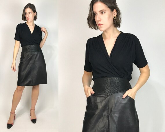 Vtg 80s LEOPARD V-Panel LEATHER Skirt w POCKETS! L