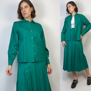 Vtg 80s GREEN CO ORD Skirt Set! Small