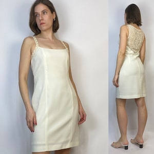 Vtg 90s LITTLE WHITE DRESS w Low, Lace Back! Small to Medium