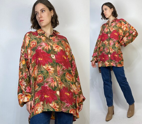 Vtg 80s SILK FLORAL Flowy Blouse! XL Plus - image 1