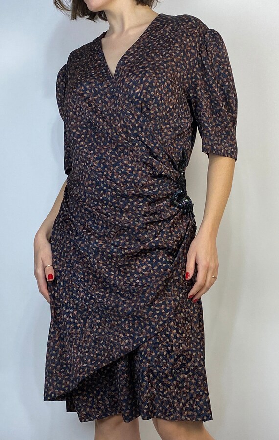 Vtg 80s ABSTRACT Puff Sleeve WRAP Dress! Large to… - image 9