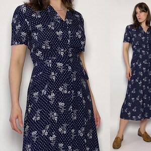 Vintage 1980s does 1940s Floral Print Midi Day Dress