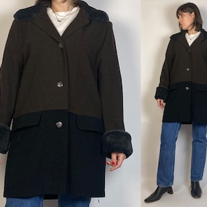 Vintage 90s RUSTIC Color Block Coat with Faux FUR Trim!
