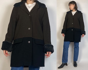 Vintage 90s RUSTIC Color Block Coat with Faux FUR Trim!