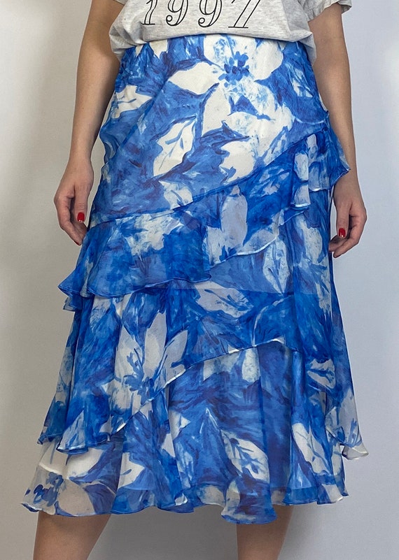 Vtg Y2K Real SILK Layered ABSTRACT Floral Skirt! … - image 7