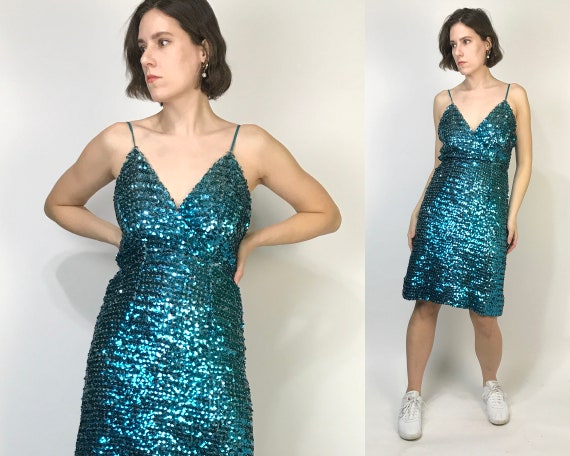 Vtg 70s SEQUIN MERMAID Disco Dress XS 