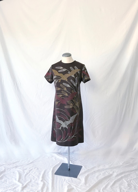 Vtg 60s Knit T-Shirt Dress w CRANE & REED Print! M