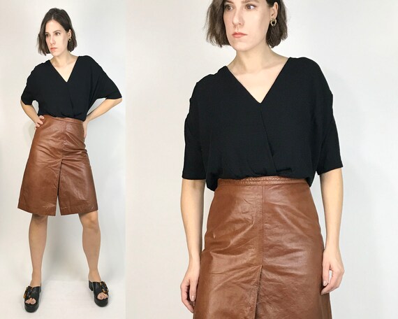 Vtg 90s A-LINE Chestnut High Waist LEATHER Skirt!