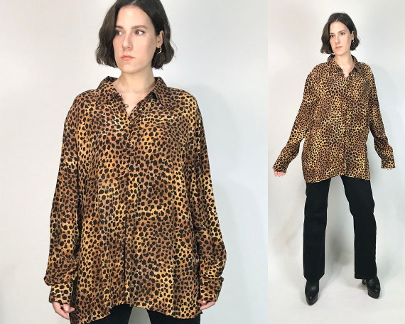 Vtg 80s Oversized SILK CHEETAH Blouse! Large to XL