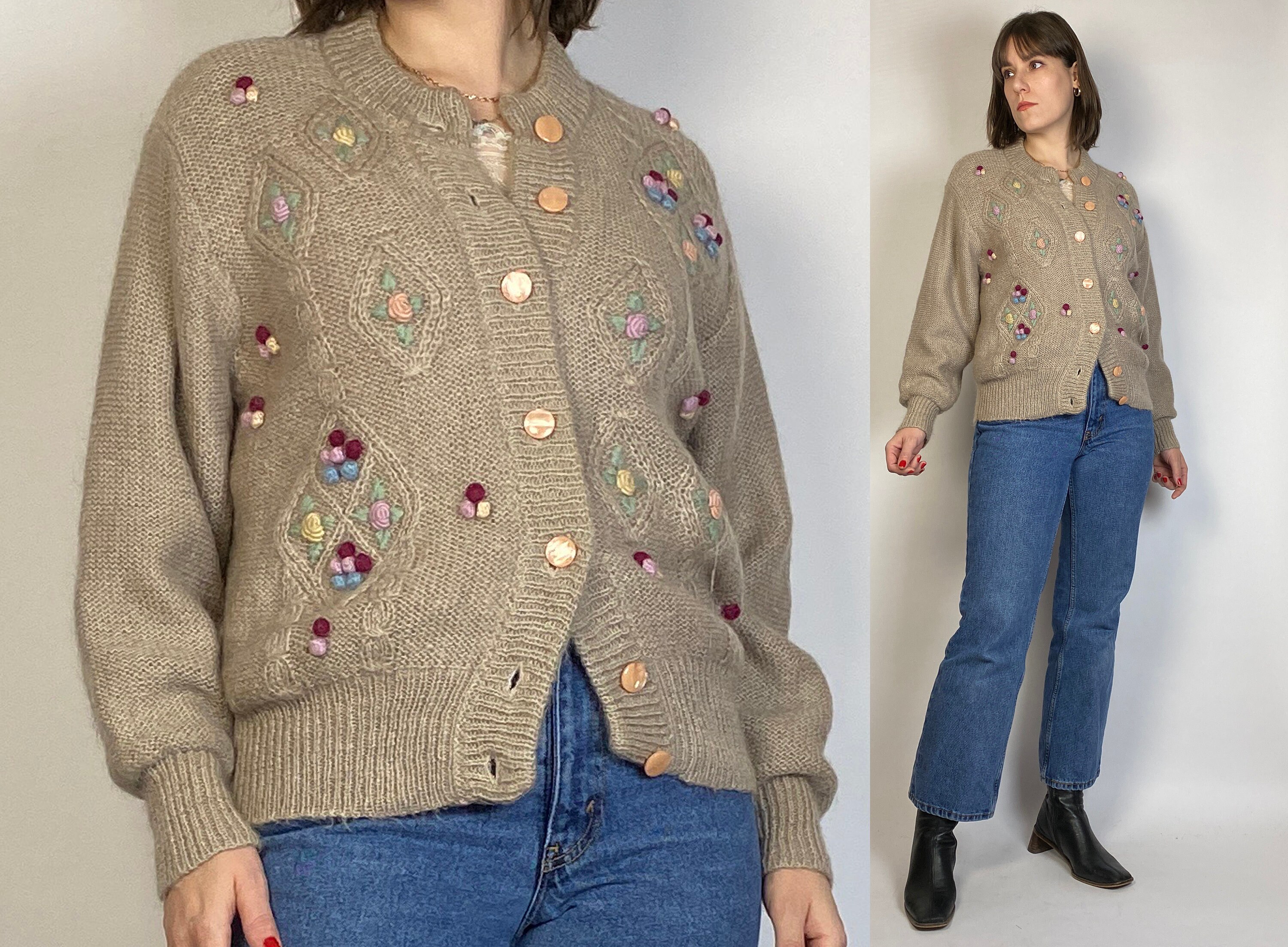 手数料安い Vtg Cardigan MOHAIR Embroidered Floral CORE COTTAGE 60s トップス