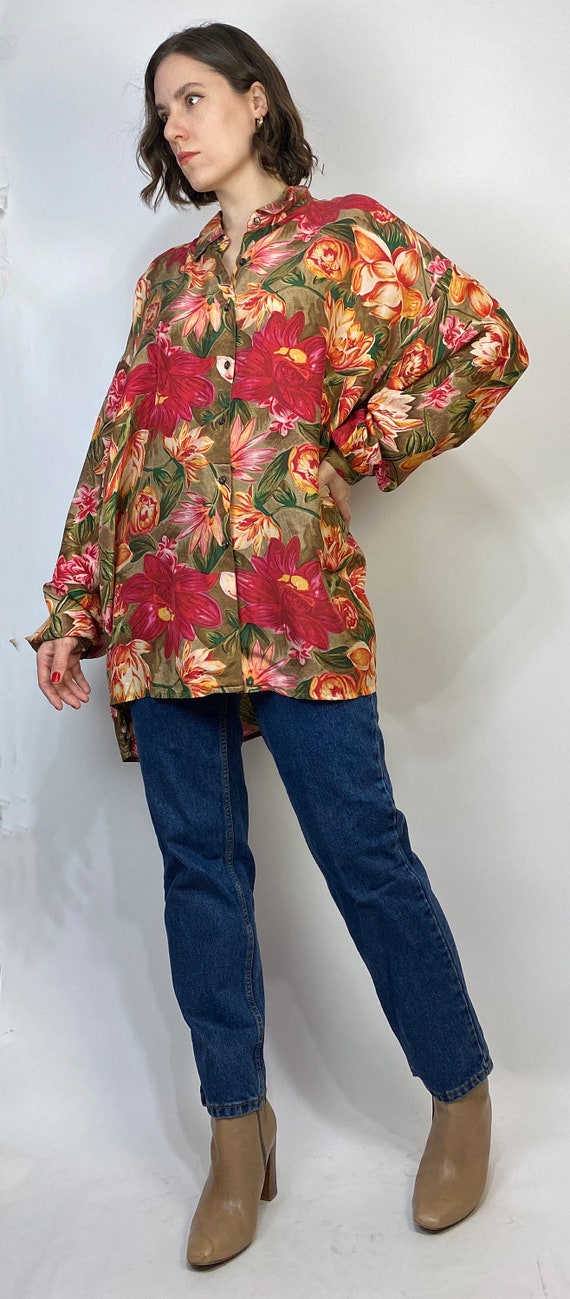 Vtg 80s SILK FLORAL Flowy Blouse! XL Plus - image 6