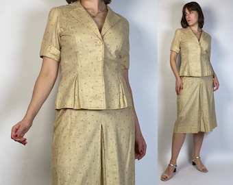 Vtg 70s ALBERT NIPON Two Piece LINEN Skirt Suit! Small