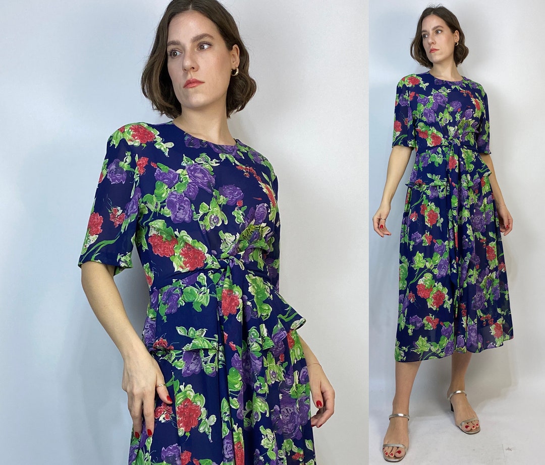 Vtg 90s NEON FLORAL Peplum Dress Medium, 8 - Etsy