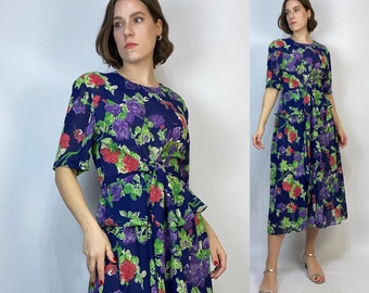 Vtg 90s NEON FLORAL Peplum Dress! Medium, 8