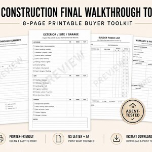 Può includere: Un kit di strumenti stampabile di 8 pagine per l'ispezione finale di nuove costruzioni con testo nero su carta bianca. Include un riepilogo dell'ispezione, liste di controllo per esterni, sito e garage, e un registro di garanzia.