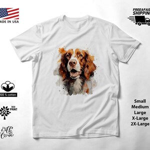 T-Shirt mit rot-weißem Spaniel-Porträt in Ocker, Unisex-Hundemotiv, Geschenk für Hundeliebhaber