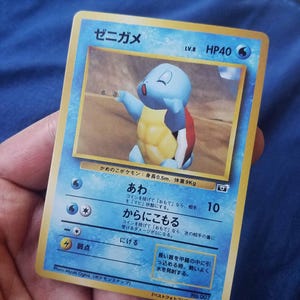 Puede incluir: Una carta coleccionable de Pokemon Squirtle en japonés con borde azul, 40 HP y una ilustración del personaje de tortuga azul. La tarjeta muestra texto en japonés, incluyendo el nombre Zenigame, ataques y estadísticas como 0,5m y 9kg.