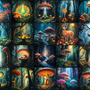 Enchanted Mushroom Forest Digital Art Bundle, 20 AI Generated Fantasy Toadstool Images, Glowing Fairy Mushroom Wallpapers