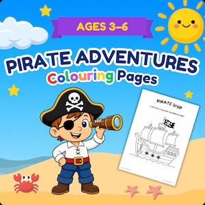 以下が含まれることがあります： 3歳から6歳向けのPirate Adventures Colouring Pagesのデジタルカバー。眼帯と望遠鏡を持つ漫画の海賊、笑顔の太陽、赤いカニ、そして海賊船が描かれた白黒の塗り絵ページがデザインされています。