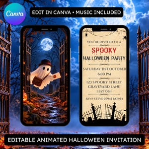 May include: Two smartphones displaying a digital Halloween party invitation. The left screen shows a ghost in a hat holding an envelope in a graveyard. The right screen features text: YOU'RE INVITED TO A SPOOKY HALLOWEEN PARTY, SATURDAY 31ST OCTOBER, 6.00 PM.