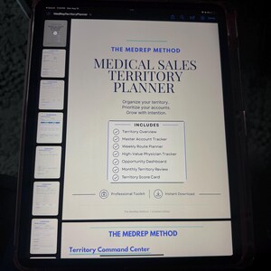 May include: A digital tablet displaying The MedRep Method Medical Sales Territory Planner. The screen shows a list of included features such as Territory Overview, Master Account Tracker, Weekly Route Planner, High-Value Physician Tracker, and more.